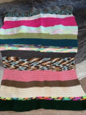 Hand Crafted Multicolor Striped Crochet Throw Blanket - Pink, Teal, Brown, Cream